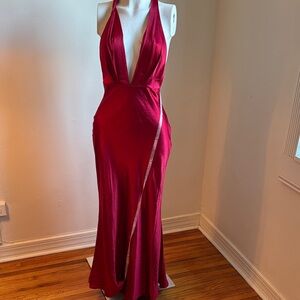 Miss Lola Satin Backless Plunging Neckline Dress in Red